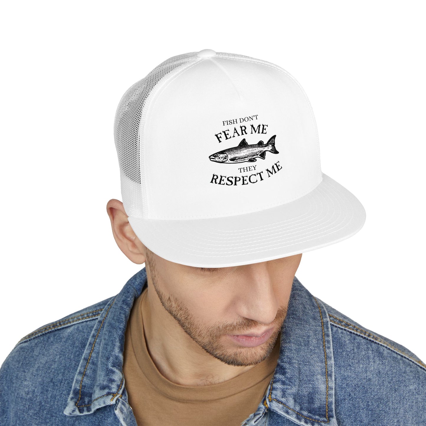 Fishing Trucker Hat — "Fish Don't Fear Me, They Respect Me" Mesh Cap
