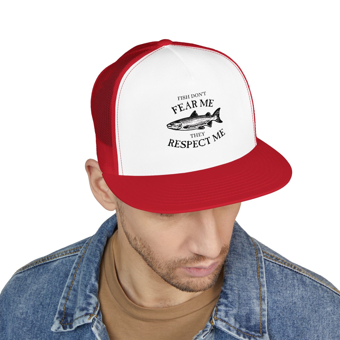 Fishing Trucker Hat — "Fish Don't Fear Me, They Respect Me" Mesh Cap